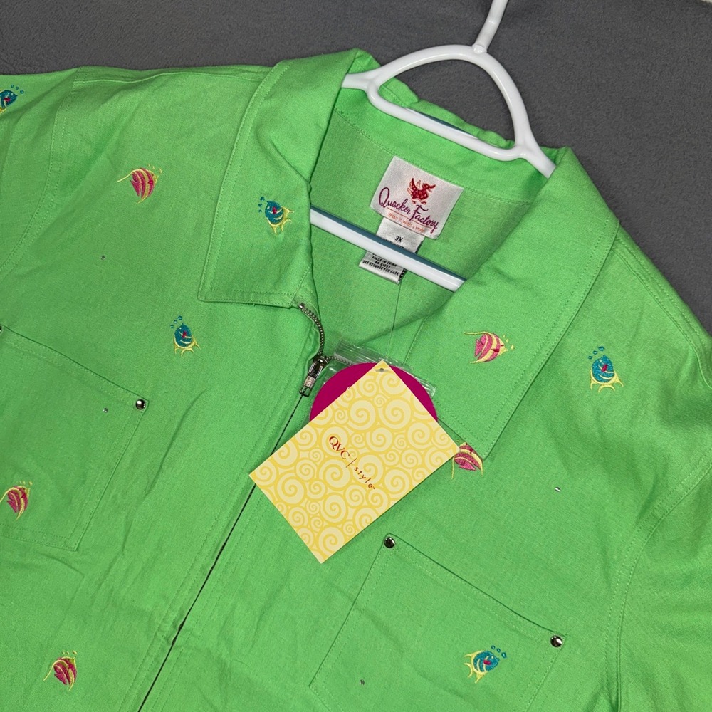Quacker Factory Zip Shirt Womens 3X Green Tropical Fish Embroidered Linen Blend